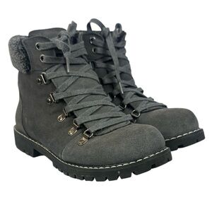Barbo Gray Suede Leather Fur-Trim Lace-Up Winter Ankle High Boots Metal Cleats